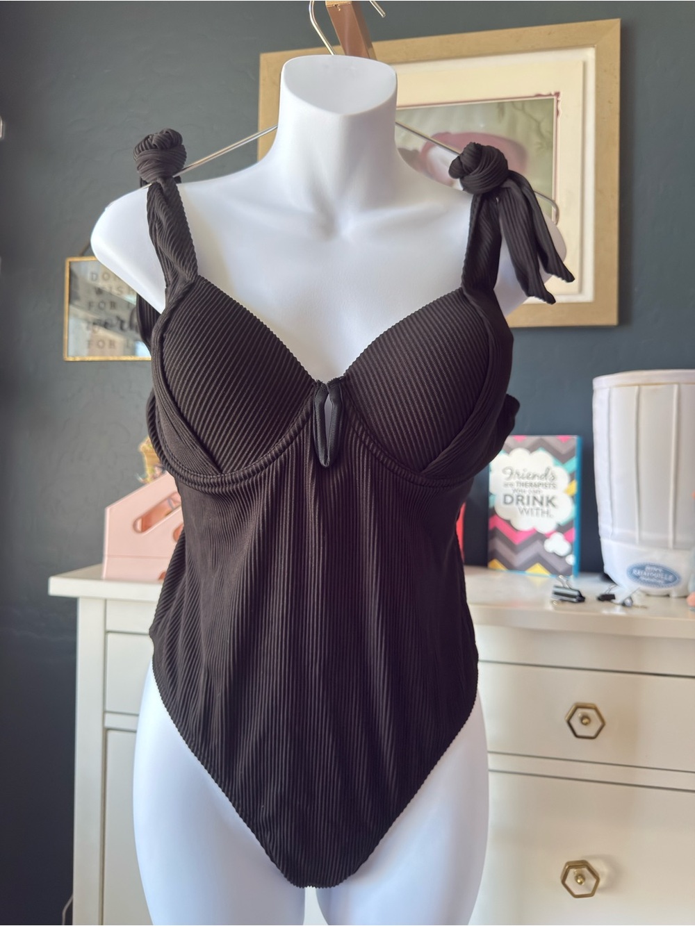 Cupshe Chocolate Brown Ribbed Tie-Shoulder One-Piece Swimsuit